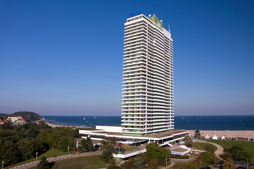 Luebeck, Germany- September 20,2023:MARITIM beach hotel, Baltic sea, Travemünde, Bay of Lübeck, Schleswig-Holstein, Germany, Europe