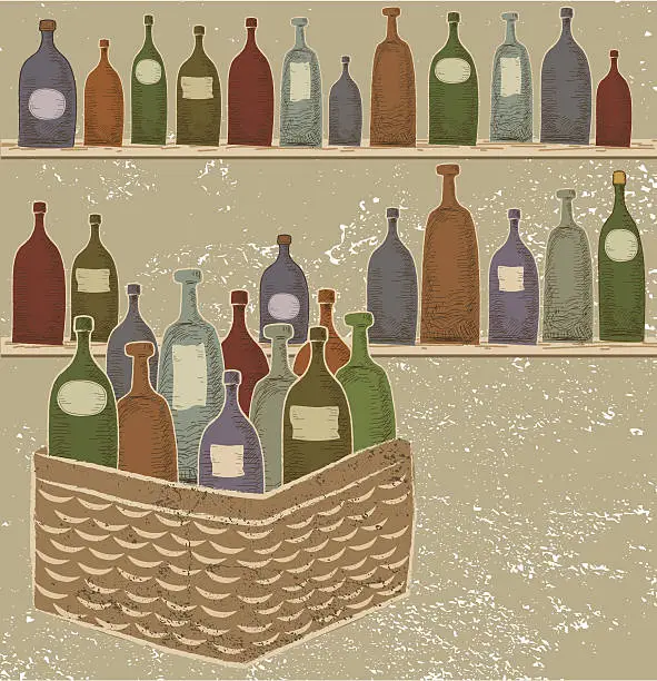 Vector illustration of Bottles of Wine On Shelves and in Basket