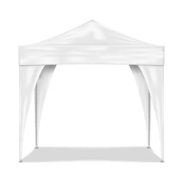 Vector illustration of Blank white canopy tent with leg covers realistic vector mockup. Camping gazebo with aluminum metal frame mock-up. Outdoor summer event portable booth template