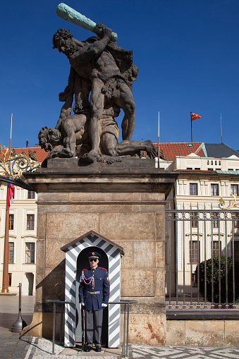 Prague, Czech Republic- September 20,2023:Palace guard at Prague Castle, Hradcany, Prague, Bohemia, Czech Republic, Europe
