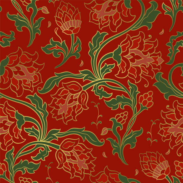 Red vintage pattern with flowers. Seamles traditional pattern with flowers. Red floral background. Template for wallpaper, textile, carpet and any surface. chinese tapestry stock illustrations