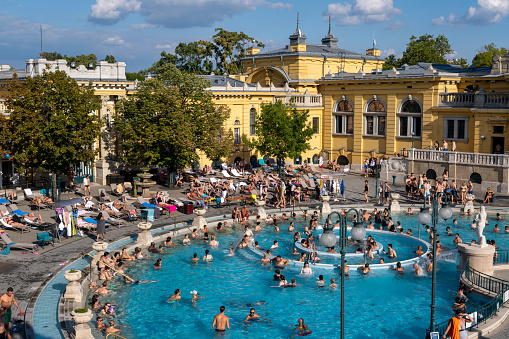 Budapest, Hungary - 3 September 2022: Courtyard of Szechenyi Baths, a Hungarian thermal bath complex