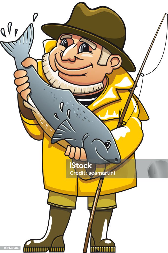 Smiling fisherman Smiling fisherman in cartoon style catching a fish Cartoon stock vector