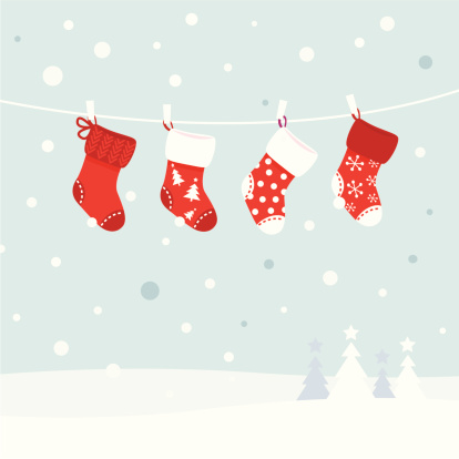 Cute christmas stockings, winter snow in background. Vector  retro Illustration