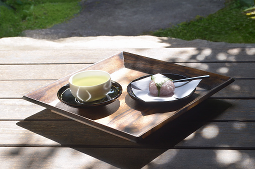 Sakua-Mochi & A Cup of Green Tea at Japanse Traditional Balcony
