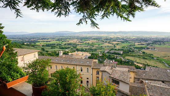 A panoramic view of the countryside of Umbria from a balcony in the village of Assisi, Italy.