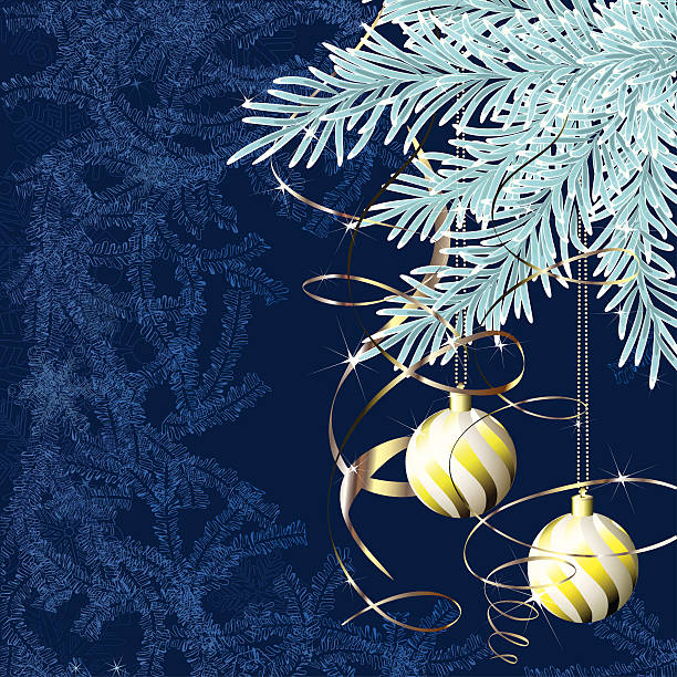 Blue spruce branch with golden christmas balls vector art illustration