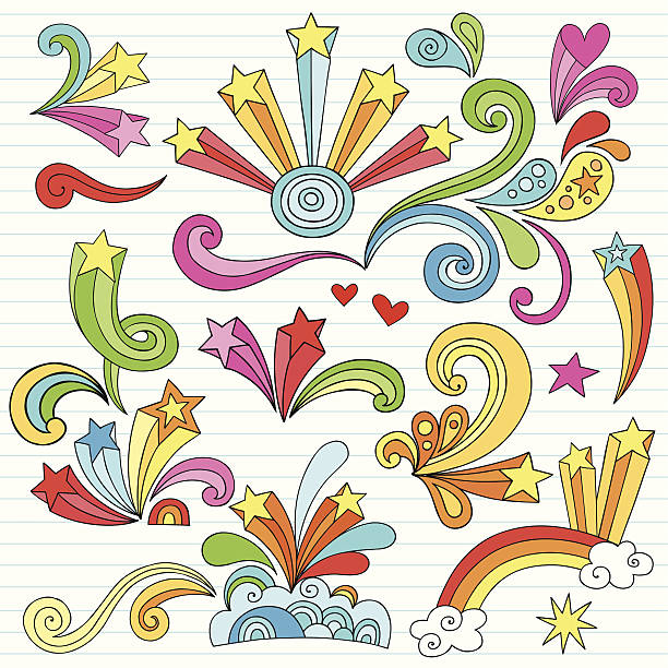 Note paper filled with psychedelic stars and swirls Hand-drawn Retro Groovy Psychedelic Notebook Doodles with Stars and Swirls. Vector Illustration on on Lined Notebook / Sketchbook Paper Background. Illustrator AI file also included. I ♥ Doodles! rainbow swirls stock illustrations