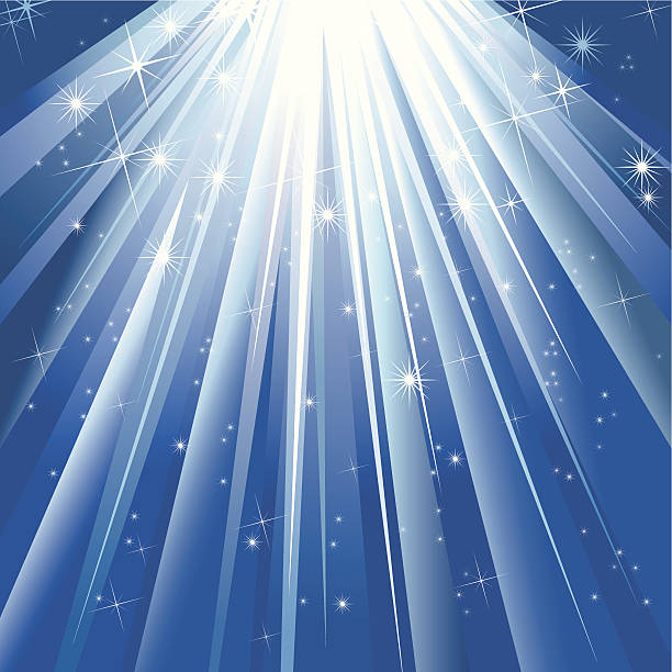 Bright light beams and stars on blue vector art illustration