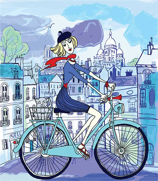 Vector illustration of young woman on a bicycle in Paris