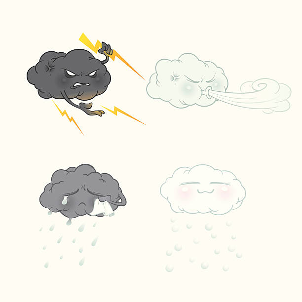 Cloud expressions "Four different clouds with emotional facial expressions: Lightning, Windy, Raining, Snowing.  (exclusively on istockphoto only)" angry clouds stock illustrations
