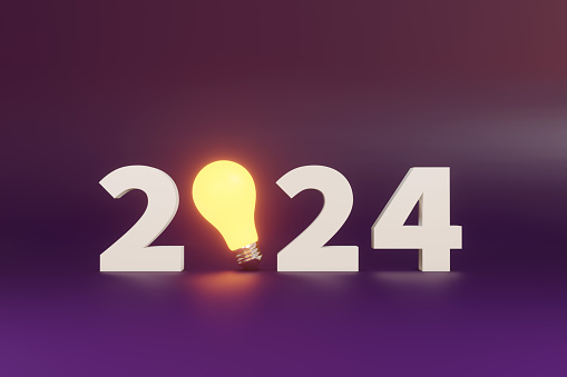 Alphabet of 2024 with the zero replaced by a glowing light bulb on dark purple background. Illustration of the concept of creativity, motivation and brighter prosperity for the new year 2024