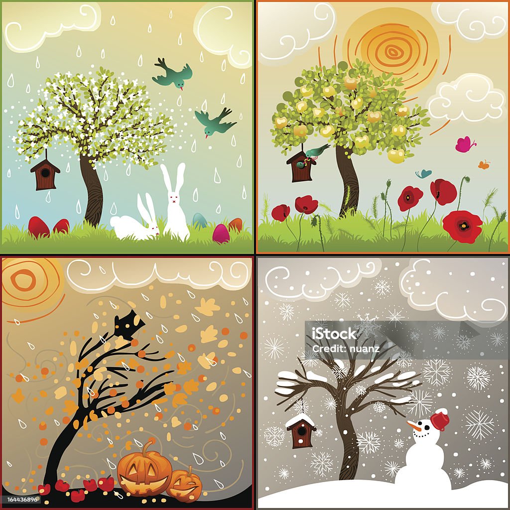 four seasons themed illustrations set with tree, birdhouse and surroundings four seasons themed illustrations set with apple tree, birdhouse, birds, pumpkin lanterns, snowman and surroundings Four Seasons stock vector