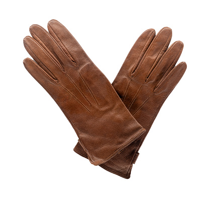 Pair of leather gloves isolated on white background. Brown accessory.
