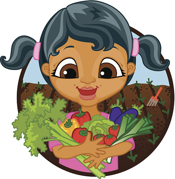 Happy girl holding home grown vegetables vector art illustration