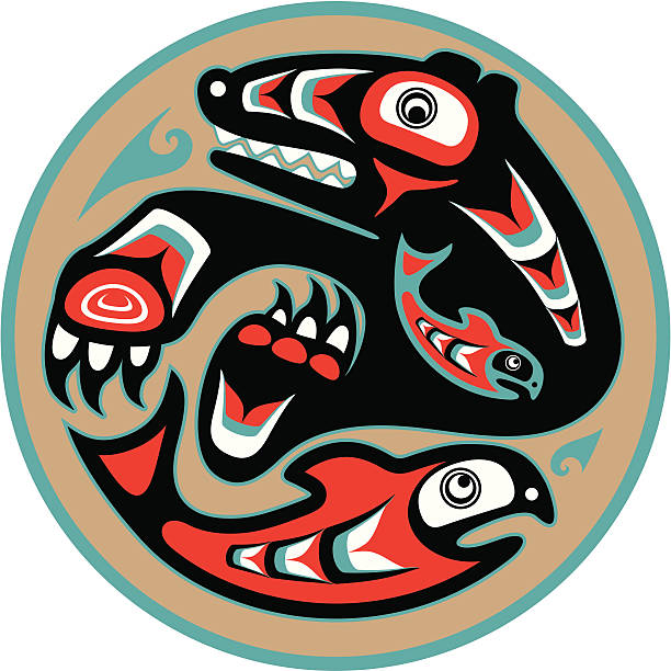 ilustraciones, imágenes clip art, dibujos animados e iconos de stock de bear salmón-nativos americanos disfrutando de estilo vectorial - native american illustrations