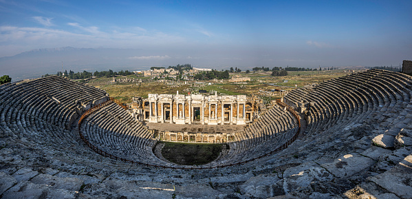 Ruins of the amphitheater in the ancient city of Hierapolis, Pamukkale city, Denizli Province, Turkey.