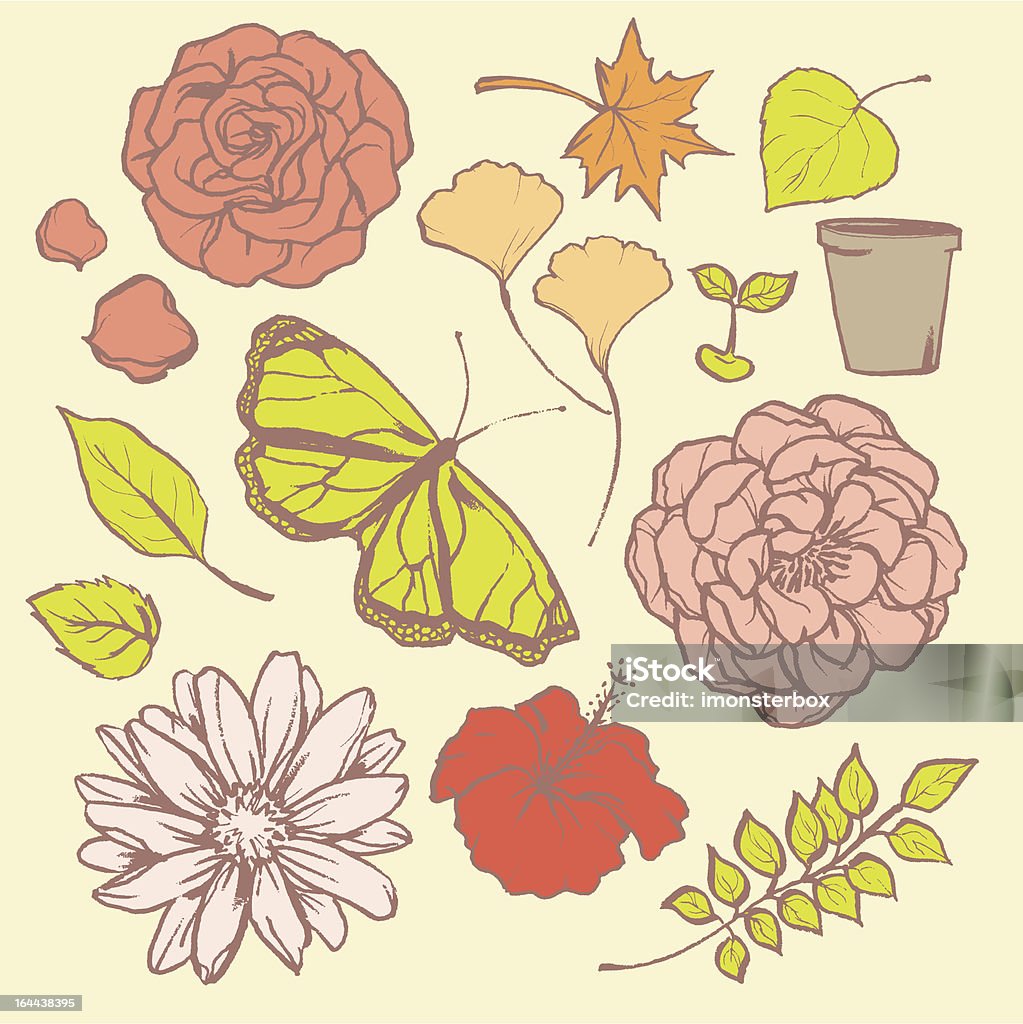 Spring garden "Flowers, leaves and garden elements in rough sketch style, separate line-art and fill colors layers." Rose Petals stock vector