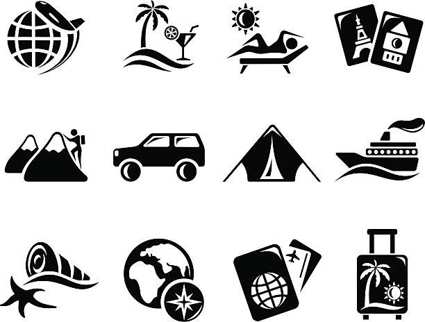 illustrazioni stock, clip art, cartoni animati e icone di tendenza di icone di vacanze e viaggi - summer resort id card sign paperwork