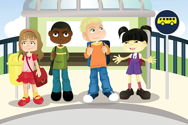 A drawing of children at a bus stop A vector illustration of multi ethnic children waiting at a bus stop school bus stop stock illustrations