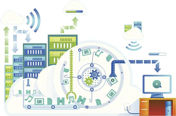 Vector illustration of Various colleagues researching at a data center