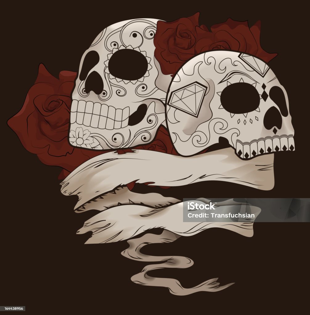 Crânio de açúcar com rosas e banner Design - Royalty-free Assustador arte vetorial