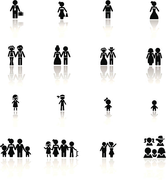 черный набор иконок людей и семьи - multi generation family isolated people silhouette stock illustrations