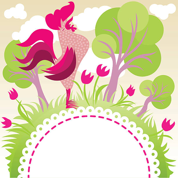 singing rooster in a garden vector art illustration