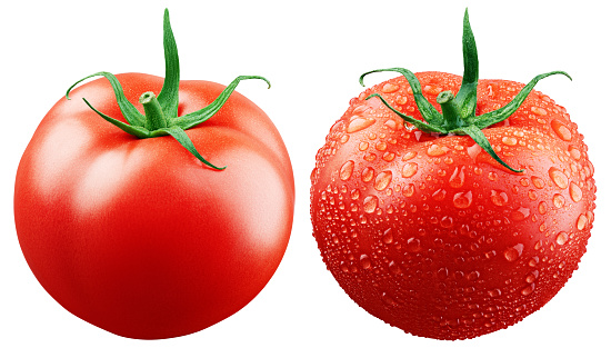 Ripe fresh red tomato with water drop and without isolated on white background with clipping path. Full Depth of Field