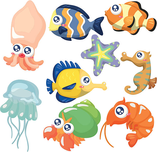 ilustrações, clipart, desenhos animados e ícones de ícone conjunto de peixes dos desenhos animados - tropical fish clown fish isolated animal