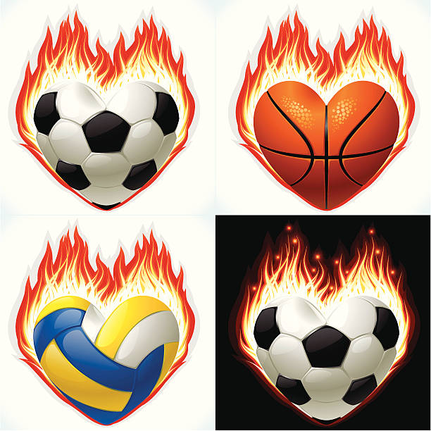 Football, basketball and volleyball on fire "Vector football ( soccer ), basketball and volleyball on fire in the shape of heart" heart shaped basketball stock illustrations