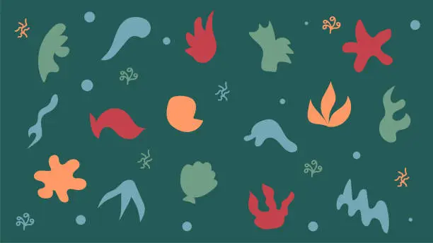 Vector illustration of Pattern with undersea inhabitants and abstract spots. Vector.