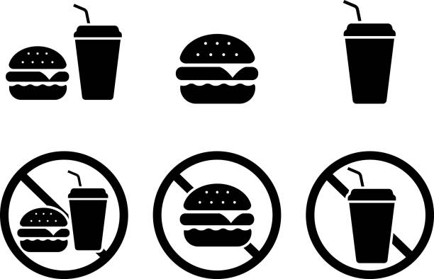 stockillustraties, clipart, cartoons en iconen met vector pictogram of no eating cheeseburger and juice - latte-macchiato