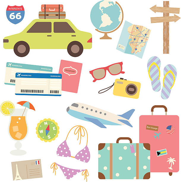 Travel Design Elements Vector illustration of design elements related to travel and vacation. polka dot bathing suit stock illustrations
