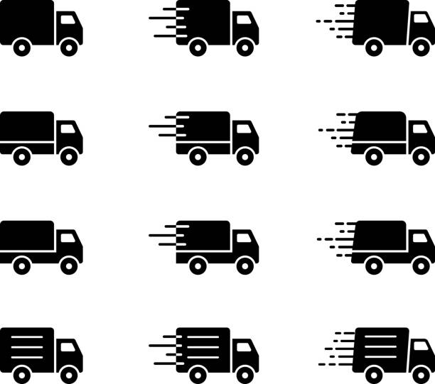 zestaw ikon monochromatycznych prostych ciężarówek wektorowych - truck semi truck pick up truck car transporter stock illustrations