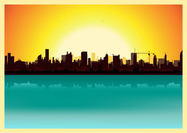 Sunset City Landscape Vector illustration of a city landscape in the summer. Zip contains vector eps and high resolution jpeg files. industry silhouettes stock illustrations