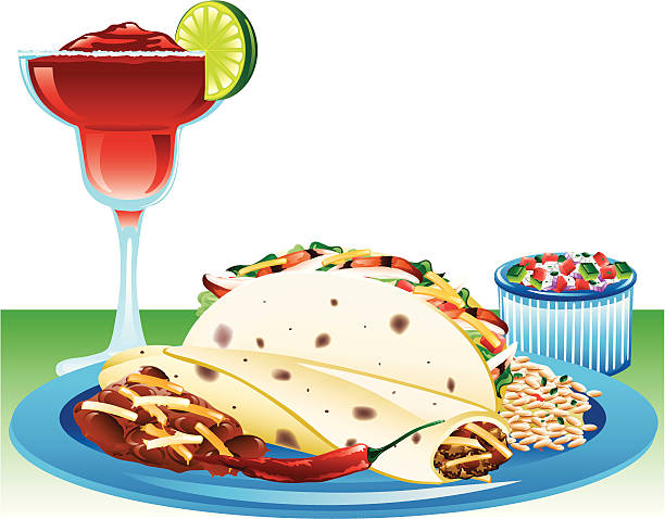 Soft taco meal "Illustration of a soft taco meal with spanish rice, refried beans, and a strawberry magarita." shredded chicken stock illustrations