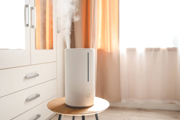 Modern air humidifier on table in living room. Space for text Modern air humidifier on table in living room. Space for text. home diffuser stock pictures, royalty-free photos & images