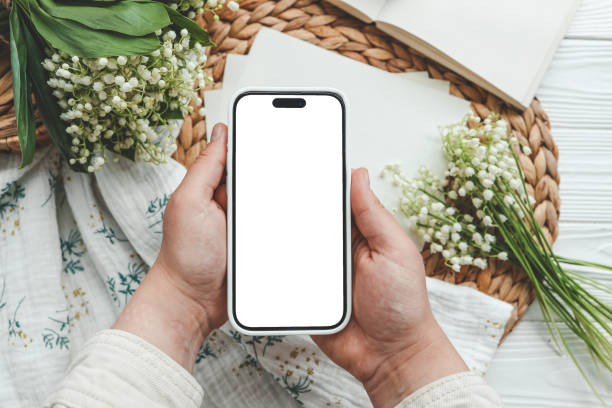 istock Phone with isolated screen, place for your congratulations, spring decor 1644400591