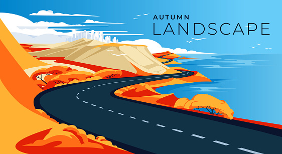 sea highway autumn landscape. Blue sky, sunny day. Yellow trees and grass. Spirit of vacation travel. Vector illustration
