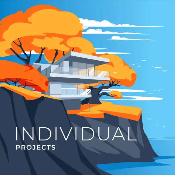 Vector illustration of modern cottage architecture in the autumn landscape. Sea rocks. advertising. Ideas for real estate and house projects. Vector illustration