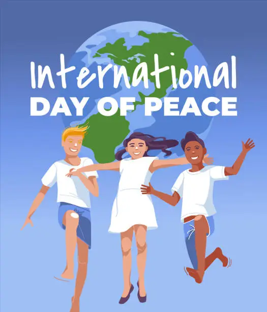 Vector illustration of Poster for Peace Day: three children in white clothes jumping on the background of a large globe. Vector flat illustration