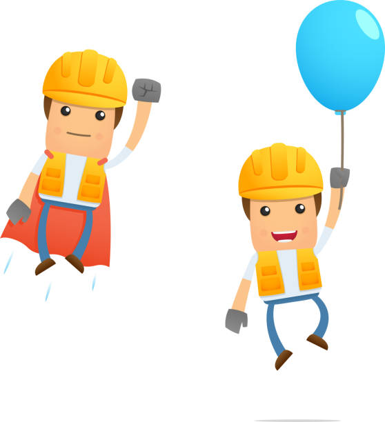 Two flying cartoon men in construction outfits vector art illustration