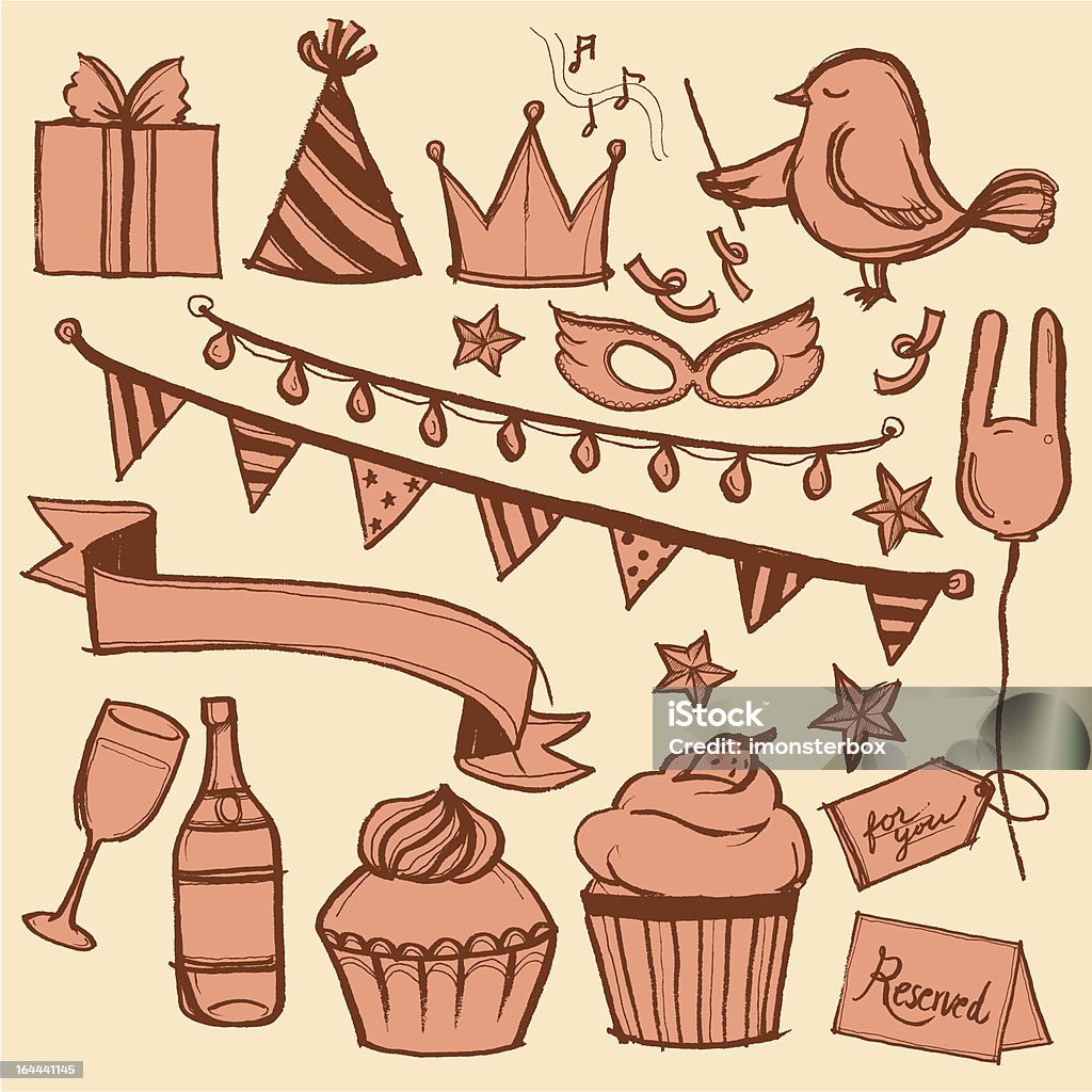 Party and celebration "Sweet party decorations in rough sketch style, traced from ink on paper drawing, separate line-art and fill colors layers." Party Hat stock vector