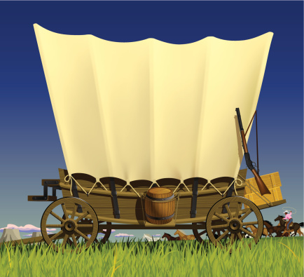 Vector illustration with a Wild West covered wagon in prairie against the background of a flock of horses