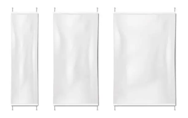 Vector illustration of Pinned blank white wall banner set. Realistic vector mock-up. Empty vinyl poster mockup. Template for design