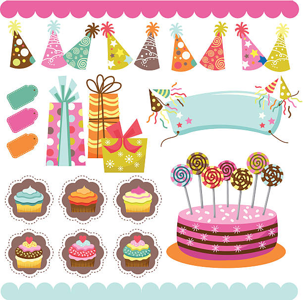 ilustrações de stock, clip art, desenhos animados e ícones de retro elementos de festa de aniversário - party hat birthday confetti streamer