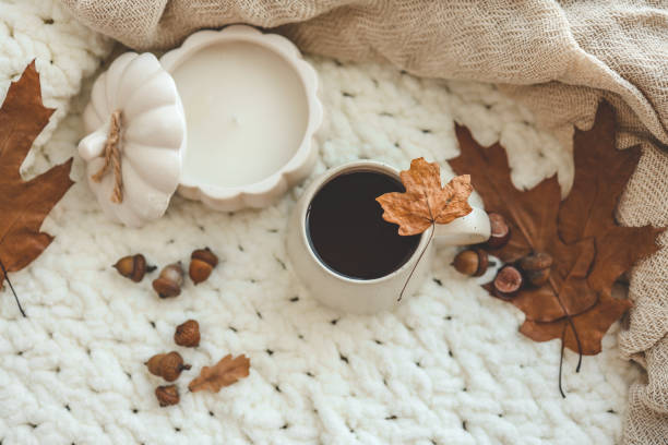 istock Cup of tea and autumn decor, top view 1644414602