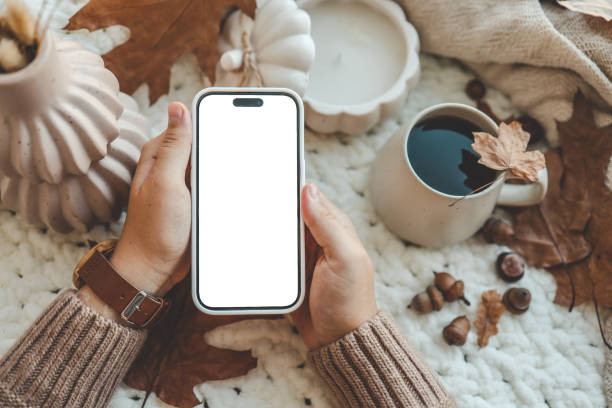 istock Phone with an isolated screen in hands, autumn mood 1644414631