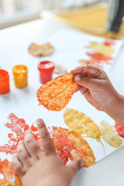 menina pintando em folhas amarelas de outono com guache, artes infantis, criatividade infantil, arte de outono - child autumn craft preschooler - fotografias e filmes do acervo